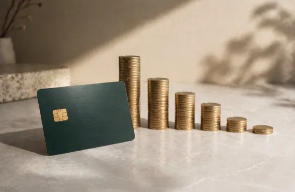 Premium metal credit card with stacks of gold coins, representative image for an article on travel credit card annual fee evaluation