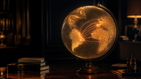 Illuminated globe with glowing route lines of warm light in a dark navy room