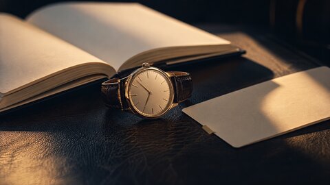 Open date book, wristwatch and boarding pass on a leather desk in low golden light
