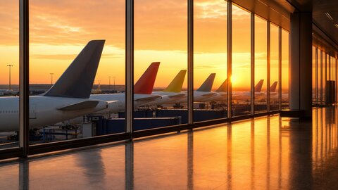 Row of aircraft tail fins at airport gates seen through terminal glass at sunset
