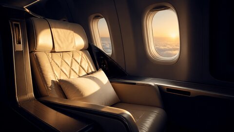 Premium business class airline seat beside a sunlit cabin window