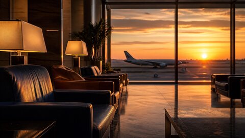 Airport lounge with leather chairs and floor to ceiling windows overlooking aircraft at golden hour
