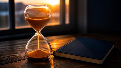 Hourglass with warm sand beside a passport on a desk lit by low sun
