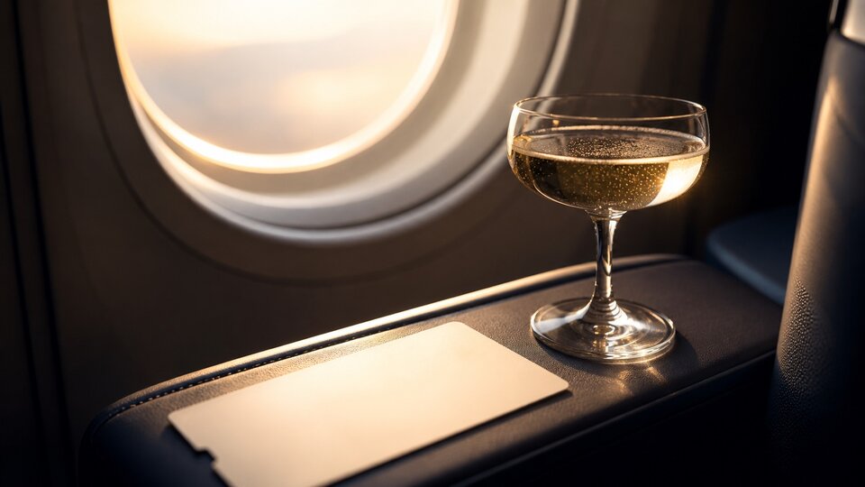 Boarding pass and a champagne glass on a business class armrest in warm cabin light