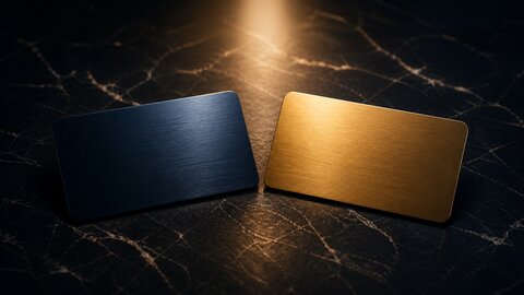 Two premium metal membership cards side by side on dark marble under a warm spotlight