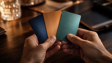 Hands holding three metal rewards cards in navy, amber and teal above a desk