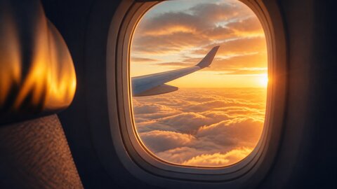 View of an airplane wing over golden sunset clouds from a cabin window