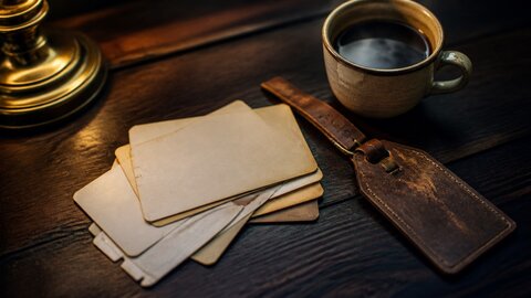 Evening desk with a stack of used boarding pass stubs, a luggage tag and a cup of coffee